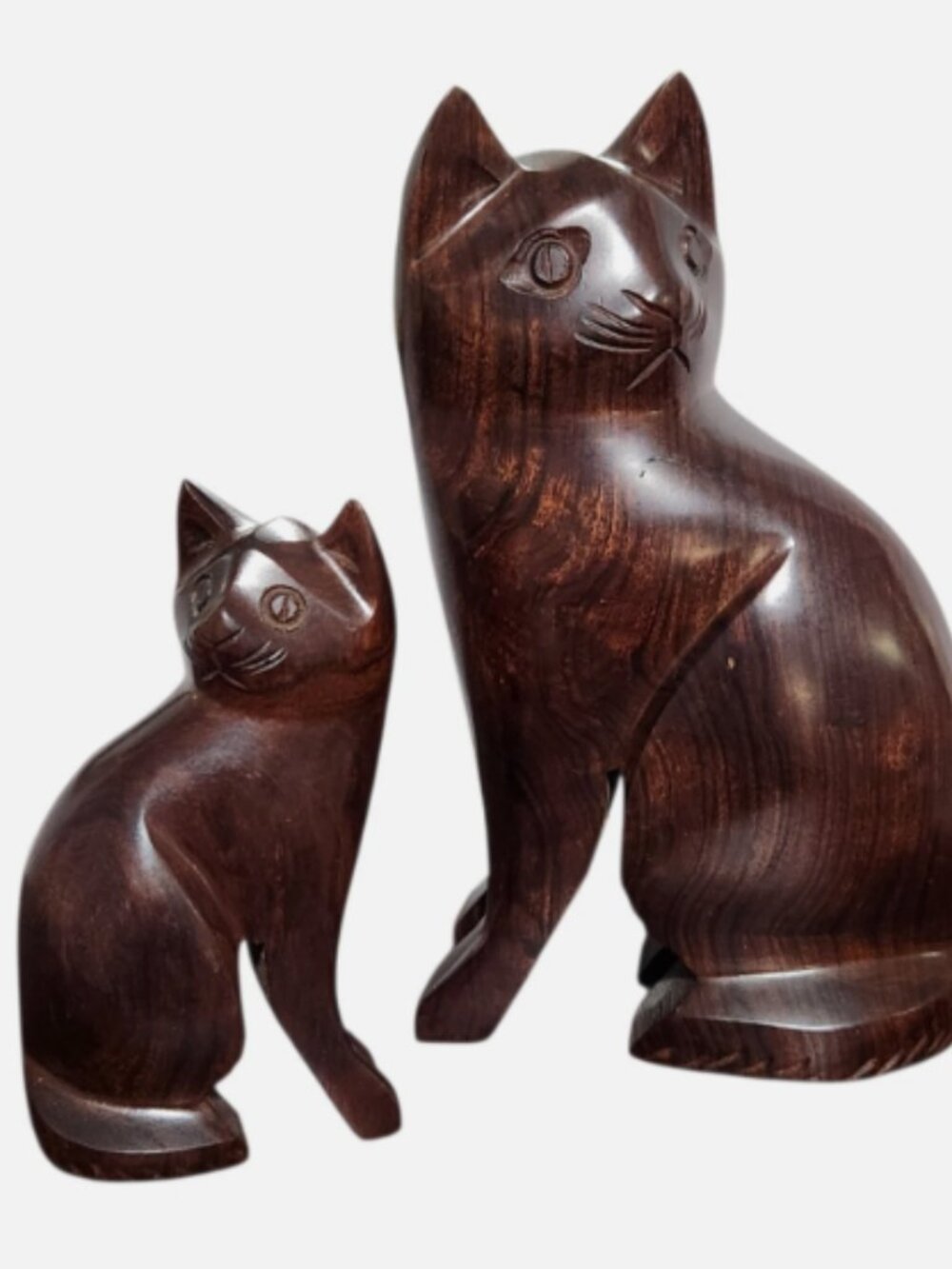 Carved Wood Cats Set of Two Ironwood MCM Sleek Pair Sitting Brown Vintage